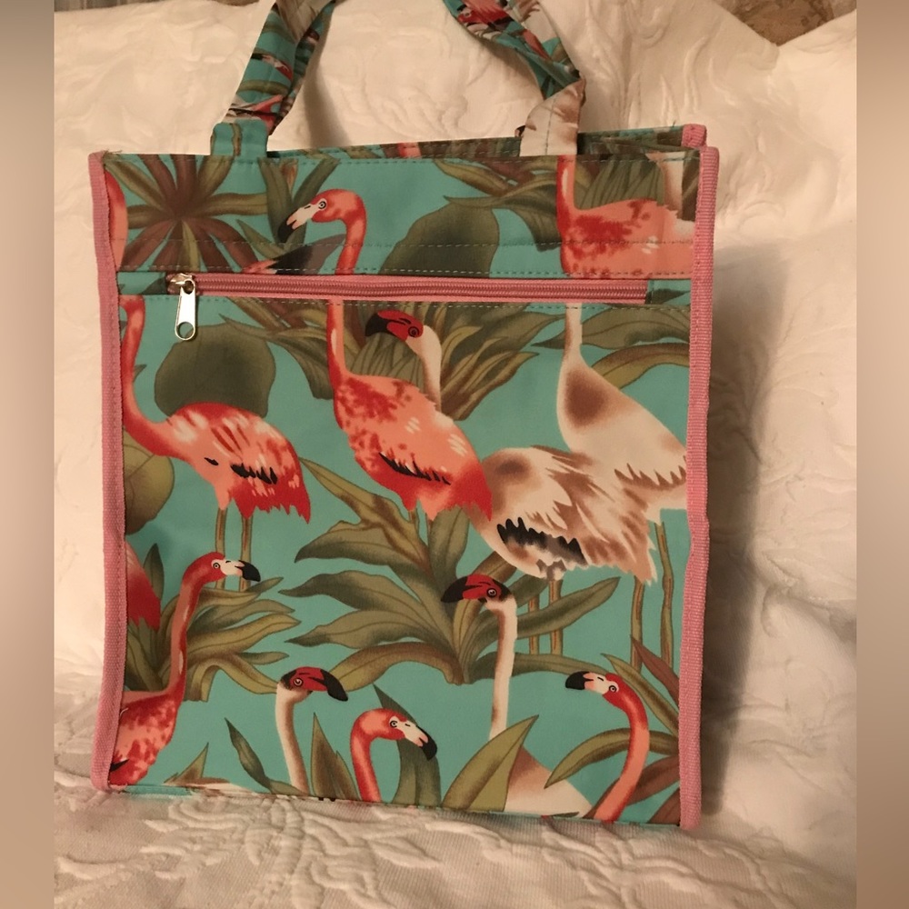 VINTAGE Flamingo Print Teal background pink trim - Heavy Duty Waterproof Canvas